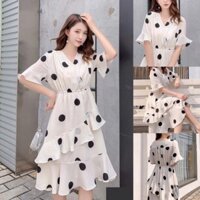 Đầm dự tiệc voan xoè tầng chấm bi cổ V phối bèo