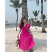 Đầm Đũi D07 cổ bèo dáng xoè maxi đi biển buộc nơ lưng siêu xinh