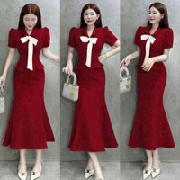 Đầm đuôi cá cổ bèo nhung phối nơ cổ thiết kết thời trang đi chơi dự tiệc