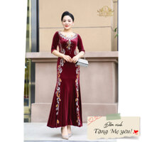 Đầm đuôi cá nhung phối cổ lưới kết đá Ladyshop thời trang trung niên cao cấp T318