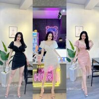 Đầm đuôi cá thời trang nữ sang chảnh đi tiệc chất voan bóng cổ vuông tay ngắn phồng đầm váy kiểu xéo dài ngang gối