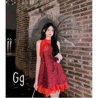 Đầm Gấm Đỏ Cổ Yếm Buộc Nơ Dáng Xoè Babydoll Phối Voan Kèm Quần