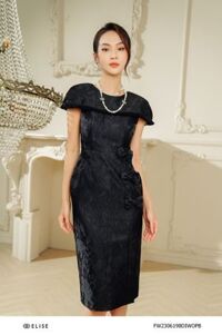 ĐẦM GẤM HOA ĐEN CỔ VIỀN TUA RUA