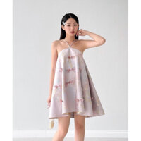 Đầm gấm hoa hồng cổ yếm gắn nơ