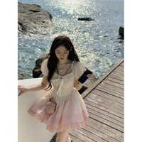 ĐẦM GẤM LOANG PHỐI TƠ CỔ BÈO CỘT NƠ  CÓ MÚT NGỰC, CÓ LÓT QUẦN  MÀU Y HÌNH  - Hồng cánh sen