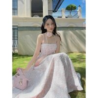 Đầm Gấm Tapta Hoa Kền Dây Cổ Đính Hoa Đầm Tiểu Thư Thanh Lịch
