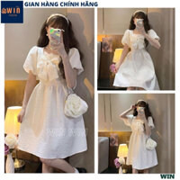 Đầm gấm xốp trắng cổ vuông tay bồng đính nơ, Váy babydoll dáng xòe tiểu thư công chúa đi chơi dự tiệc hàn quốc - WIN