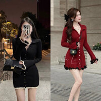 ĐẦM GÂN BODY ĐEN CỔ SƠ MI TAY DÀI PHỐI BÈO REN KEM