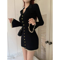 ĐẦM GÂN BODY ĐEN CỔ SƠ MI TAY DÀI PHỐI BÈO REN KEM