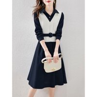 Đầm Giả Hai Mảnh Phối Màu Thu 2025 - Thiết Kế Dây Eo Thắt Nơ, Váy MidI Chữ A Sang Trọng Đa Phong Cách Cho Nữ Thời Thượng