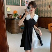 Đầm giảm tuổi kiểu Chanel nhỏ có cổ búp bê kích thước lớn, mùa hè 2025, mới, màu sắc khối, ôm sát, đầm đen nhỏ
