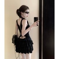 Đầm hai dây đen ôm body đính nơ dây đan thắt hở lưng & váy ngắn tầng xoè xinh cao cấp (chat để check hàng)