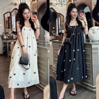 Đầm hai dây đi biển hoạ tiết nơ, váy maxi dáng dài chất đũi mát freesize dạo biển xinh xắn