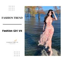 ĐẦM HAI DÂY HỌA TIẾT HOA CAO CẤP NHÚN THÂN DÁNG DÀI, VÁY HOA NÀNG THƠ PHỐI BÈO DẠO BIỂN LÃNG MẠN