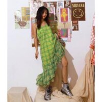 Đầm Hai Dây Maxi Chân Váy Xoè Xanh TARTAN - Tartan Dress SE Green Tartan Pattern - S