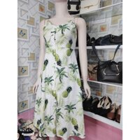Đầm hai dây maxi vải xô lụa màu trắng hoạ tiết hawaii màu xanh lá  ,