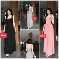 Đầm hai dây nhún eo dáng dài xoắn lưng cột nơ vai xinh yêu - thun gân lạnh H763
