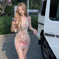 Đầm Hai Dây Ôm Dáng Không Tay In Họa Tiết Tranh Sơn Dầu Màu Hồng / Tím Phong Cách Retro Hàn Quốc Cho Nữ