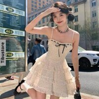 Đầm Hai Dây Tiểu Thư Thắt Nơ Ngực Xếp Tầng Bèo Váy Nữ Dáng Xoè Ngắn Chấm Bi Xinh Xắn Sang Chảnh Hot Trend 2024