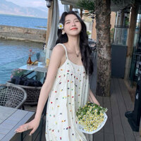 Đầm hai dây trắng hoạ tiết cực xinh, váy maxi đi biển, bầu bì mặc đẹp vnxk