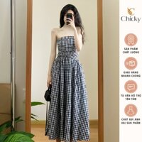 Đầm Hai Dây, Váy Cúp Ngực Kẻ Caro Đen Cổ Vuông Bo Chun Lưng Phối Váy Dáng Xòe Maxi Bồng Bềnh Phong Cách Hàn Quốc