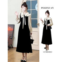 Đầm hai mảnh giả màu đen phong cách Chanel Hepburn cho phụ nữ, đầu xuân 2025, đầm dài cao cấp mới