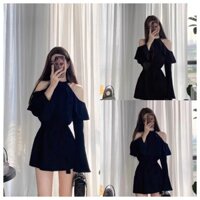 Đầm Halter Đen Không Vai Cho Nữ, Mùa Xuân Thu, Đầm Áo Sơ Mi Tay Xòe Ruffle, Đầm Ngắn Ôm Body Nhỏ