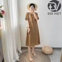 Đầm hè nữ linen suông cổ trụ tay cộc túi bổ trước, chất vải linen mềm mát Đũi Việt - 2XL