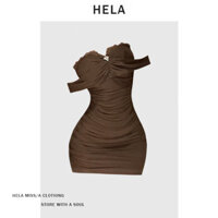 Đầm HELA màu nâu trầm dáng ống ngắn ôm body tôn dáng thiết kế trễ vai độc đáo quyến rũ trưởng thành