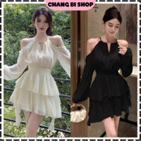 Đầm Hở Vai 2 Tầng Dáng Ngắn Tiểu Thư, Đầm Liền Thân Khoét Vai 2 Màu Kem Và Đen ChangBiShop