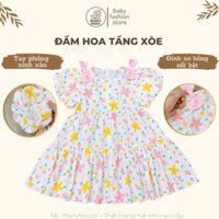 Đầm hoa babydoll bé gái chất liệu đũi mềm đính nơ hồng xinh xắn Maruhouse - Váy hoa cho bé 2-12 tuổi