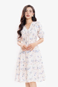 Đầm hoa dáng xòe cổ V tay phồng