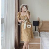 Đầm Hoa Dáng Xòe Thời Trang Mùa Hè Phong Cách Tay Ngắn Cổ Vuông Thanh Lịch Cho Nữ - màu sambo