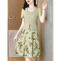 Đầm hoa giả hai mảnh phối hợp cho phụ nữ, phong cách mới mùa hè, đầm chiffon giảm tuổi thời trang cho mẹ