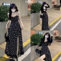 Đầm hoa lụa ý xẻ đùi có mút ngực kèm áo khoác chạy mocking thân sau màu y hình T1256