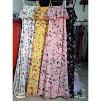 Đầm hoa maxi 2 dây cổ bèo