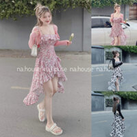 Đầm hoa nhí 2 dây dáng dài kèm áo khoác đi chơi đi biển Nahouse set váy đuôi tôm màu hồng đen thiết kế đẹp xinh xịn sang