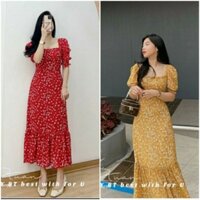 ĐẦM HOA NHÍ CHẤT VOAN HÀN TAY PHỒNG CỔ THIỀN DÁNG DÀI CÓ 2 LỚP