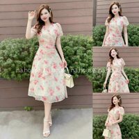 Đầm hoa nhí che bụng xếp ly eo đi chơi dự tiệc Nahouse váy tiểu thư cổ V tay bồng voan 2 lớp thiết kế đẹp xinh xịn sang