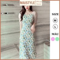 Đầm hoa nhí cổ vuông MAISTYLE Váy tiểu thư dáng dài qua gối xinh đẹp thiết kế đi tiệc công sở dễ thương MY1083