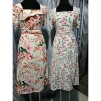 Đầm hoa nhí cổ vuông tà trước