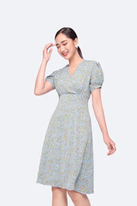 Đầm hoa nhí công sở dáng chữ a nhấn eo cao