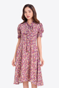 Đầm hoa nhí công sở dáng xòe cổ thắt nơ