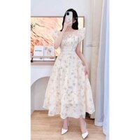 Đầm hoa nhí dáng dài cổ vuông xép ly, tay cánh tiên có mút chất liệu voan kèm lót