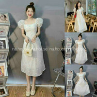 Đầm hoa nhí dáng dài cổ vuông đi chơi dự tiệc Nahouse váy trắng tiểu thư tay ngắn thiết kế đẹp xinh xắn xịn sang trọng