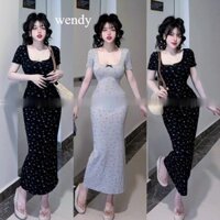 Đầm hoa nhí form dài maxi ngắn tay cổ vuông gb,Đầm body tay ngắn,váy thun tăm lạnh cổ vuông phối nơ kết hợp in wendy