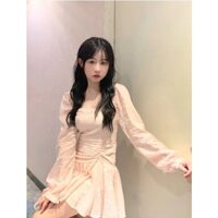 Đầm hoa nhí rút eo đuôi xòe tay phồng dài voan hồng oder taobao
