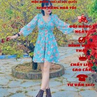 Đầm hoa nhí, váy hoa hồng cổ v viền béo tay dài dáng xoè chất voan 2 lớp dày dặn DX05