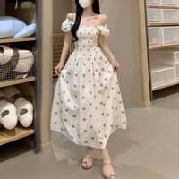 Đầm Hoa Nhí Vintage Dáng Dài, Cổ Vuông Tay Bồng, Chất Vải Xốp TTGB0533