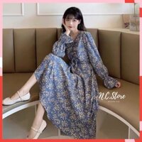 Đầm Hoa Nhí Xanh Vintage Rút Dây Ngực + Choker MS866